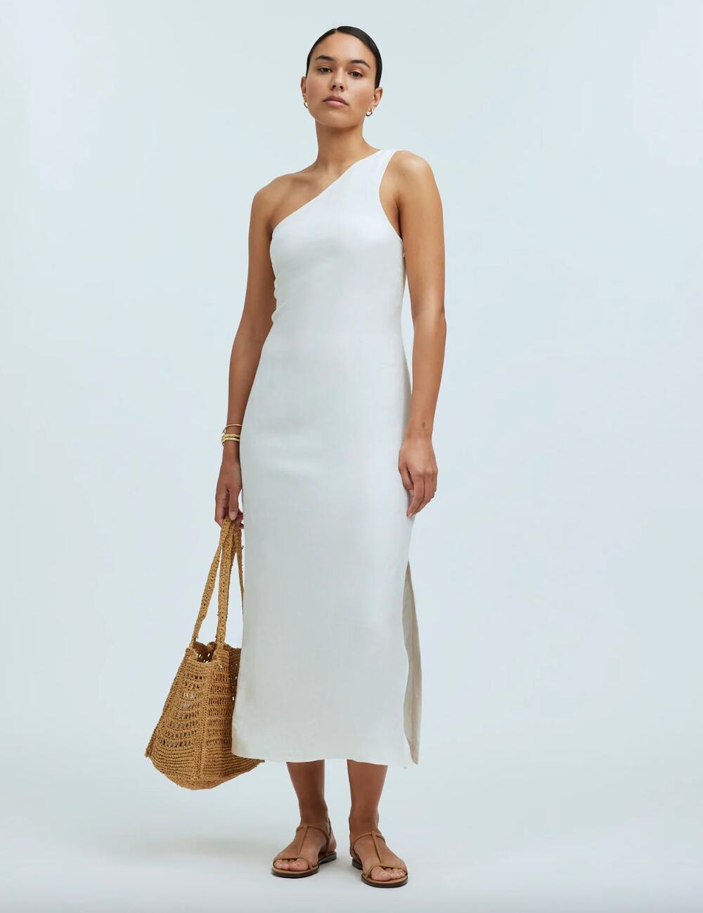 Madewell One Shoulder Midi Dress Linen Blend Lighthouse Minimalist US 00 NWT